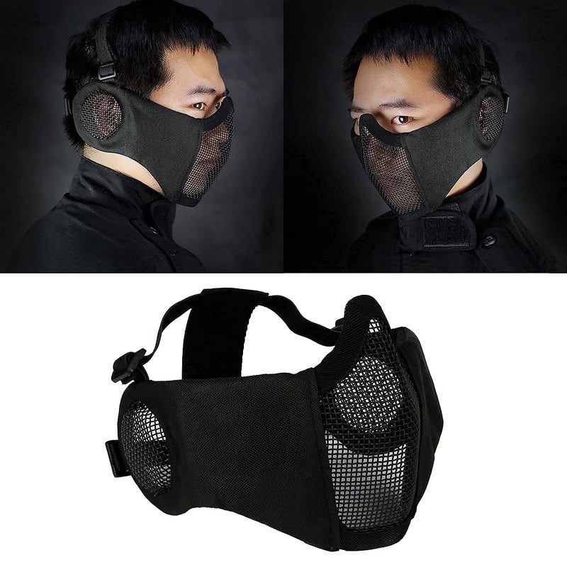 AOUTACC Airsoft Protective Gear Set, Half Face Mesh Mask with Ear Protection and Tactical Goggles for Kid Adult Men Women BBS Paintball Shooting CS Survival Games Cosplay (Black) - Image 4